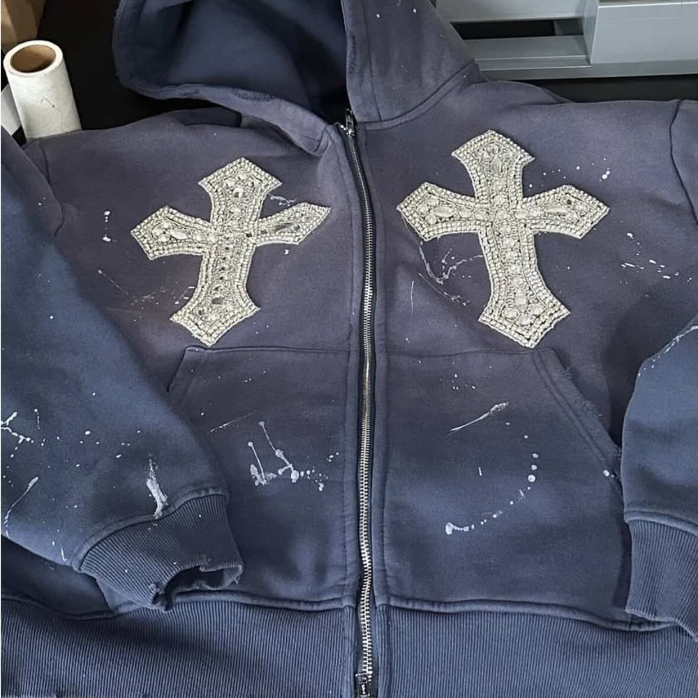 Kids Navy Blue Hoodie with Cross Design